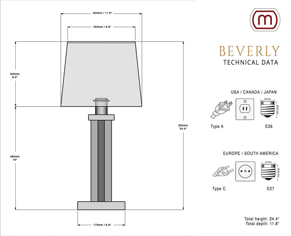 Abmessungen und technische Daten für Tischlampe BEVERLY Abmessungen und technische Daten für Tischlampe BEVERLY