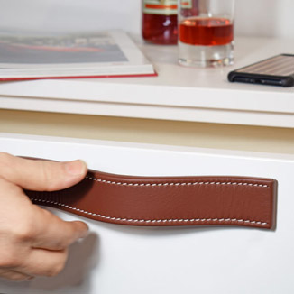 Designer cabinet hardware made of luxury leather with handstiched seams Designer cabinet hardware made of luxury leather with handstiched seams
