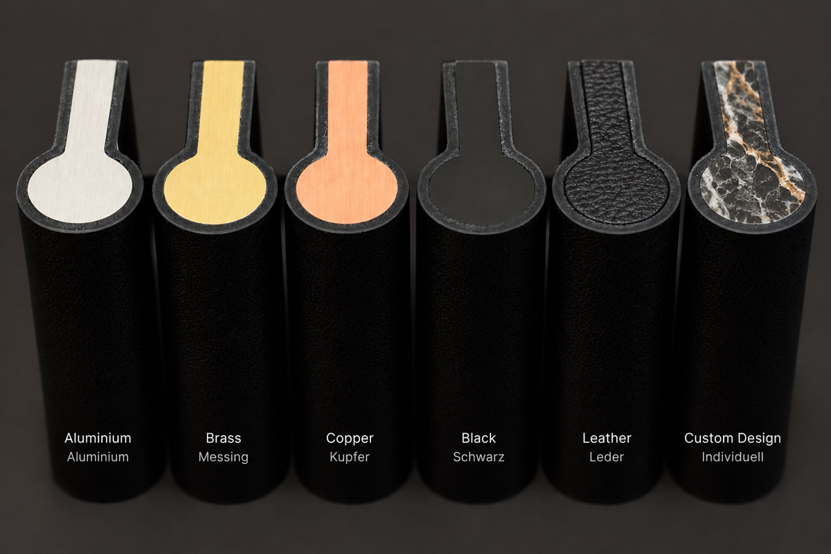 SOHO Möbelgriff Kantendesigns aus Aluminium, Messing, Kupfer, Schwarz, Leder und Beispiel fuer individuelles Design