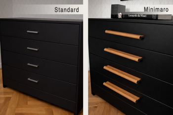 SOHO leather furniture handle replacing a simple aluminum drawer pull on a black dresser while keeping the original drill holes thanks to the adjustable hole spacing.