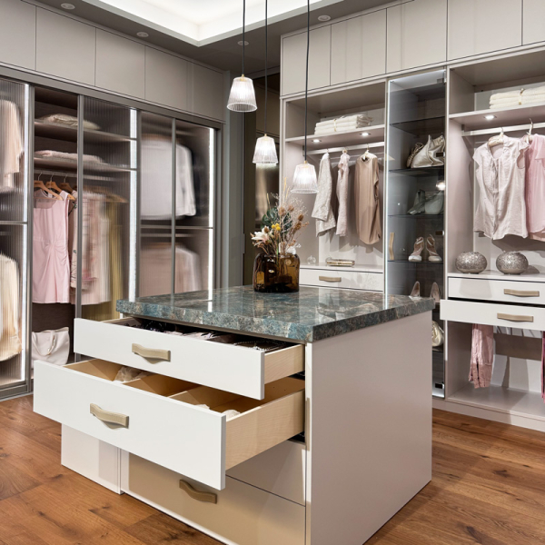 Luxury dressing room with FIRENZE-PRESTIGE leather pulls in soft taupe