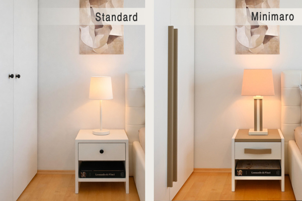 Schwarze Möbelknöpfe im Schlafzimmer ersetzt durch Ledergriffe von Minimaro – abgestimmt mit einer Lampe mit stonefarbenem Leder.