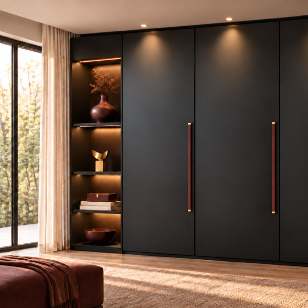 Long ROMA handles in mahogany leather with brass mounting bases, mounted vertically on dark wardrobe doors