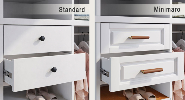 SOHO leather handles in classic brown with brass edges replacing simple black cabinet handles on white dressing room drawers.