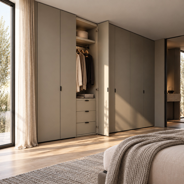 Full view of a modern built-in wardrobe fitted with black VERONA recessed pulls