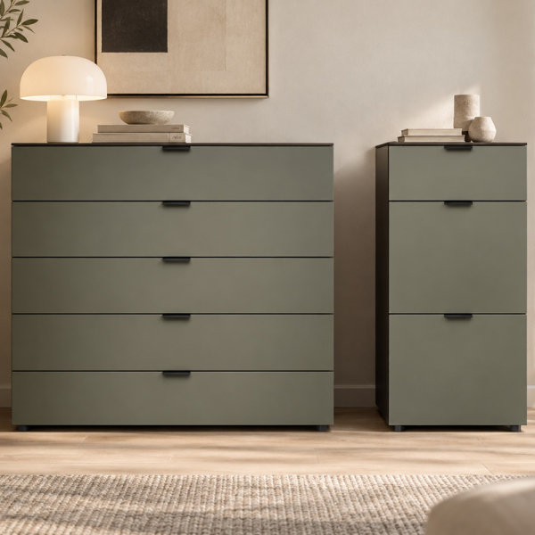 Full view of modern dressers fitted with black VERONA leather handles